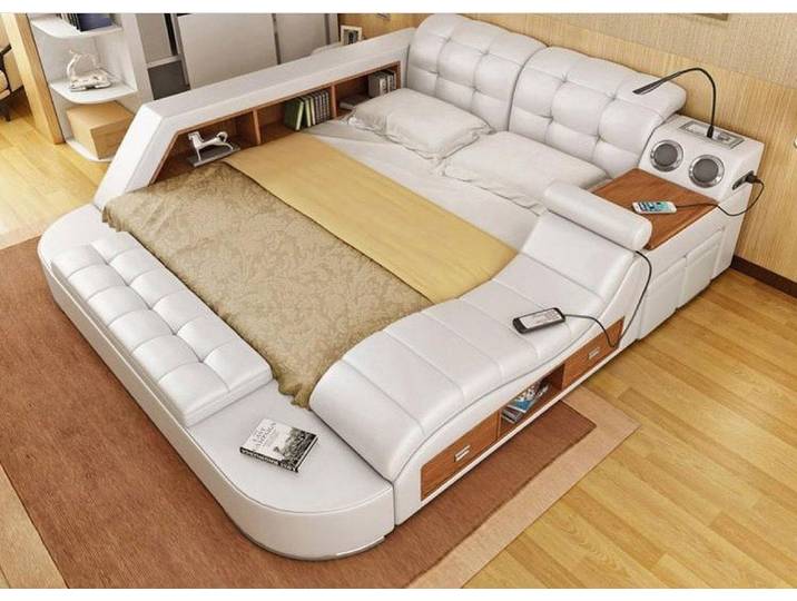JVmoebel Polsterbett Luxus-Lederbett mit USB-Ladegerät und verstellbaren Kopfstützen, Made in Europa