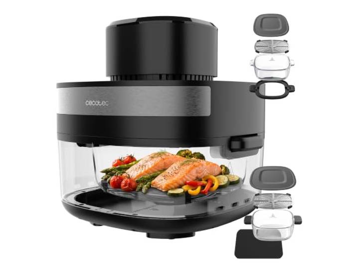 Cecotec Heißluftfritteuse Cecofry&Glass Crunchy M mit 2 Kammern (3,8L/1,4L) 1500 W, 6 Automatikprogramme, 40-200 °C, 60-Minuten-Timer, intuitives Touch-Bedienfeld, Frischhaltedeckel & spülmaschinenfest