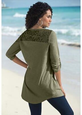 Plus Size Women's Textured Lace Trimmed Tunic by Roaman's in Dark Olive Green (Size 3X)