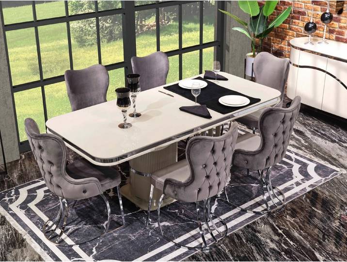 JVmoebel Esszimmer-Set Holztisch mit eleganten Stühlen in grauem Design, (7-St., Esstisch/6х Stühle), Made in Europa