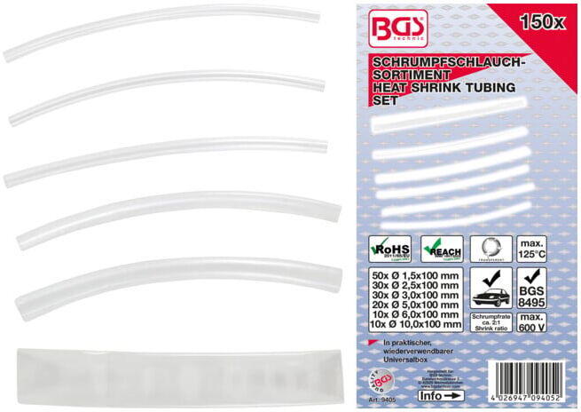 BGS Assortiment de gaines rétractables transparentes 150 pièces ; BGS technic (9405)