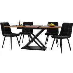 MODFU Essgruppe 5-teilig ausziehbarer Esstisch mit 4 Stühlen 160x80x75 cm Nussbaum+Schwarz MDF Metall Samt modernes Design Kreuzgestell