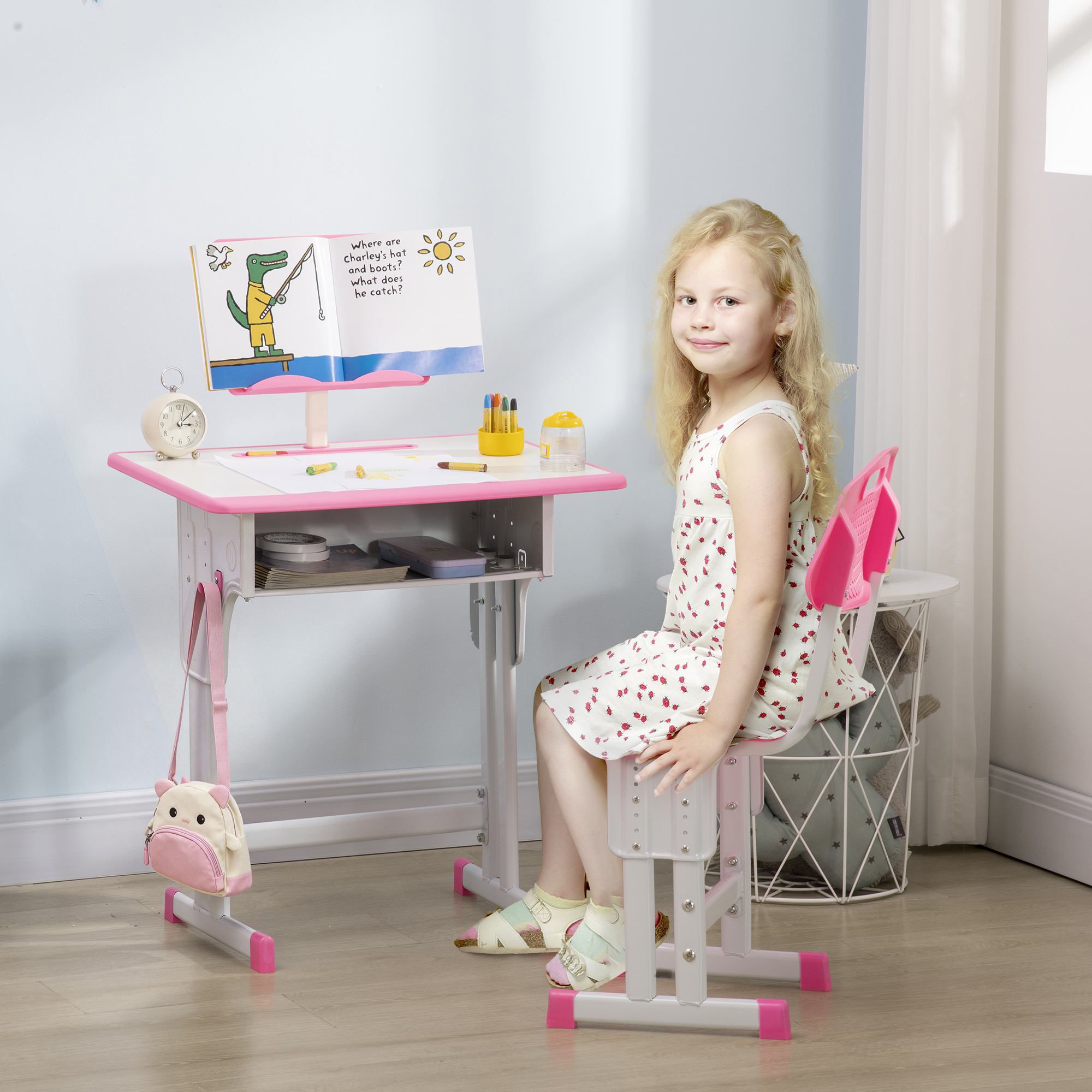 Homcom Banco Scuola con Sedia ad Altezza Regolabile per Bambini 6-12 Anni, Acciaio e MDF, Rosa