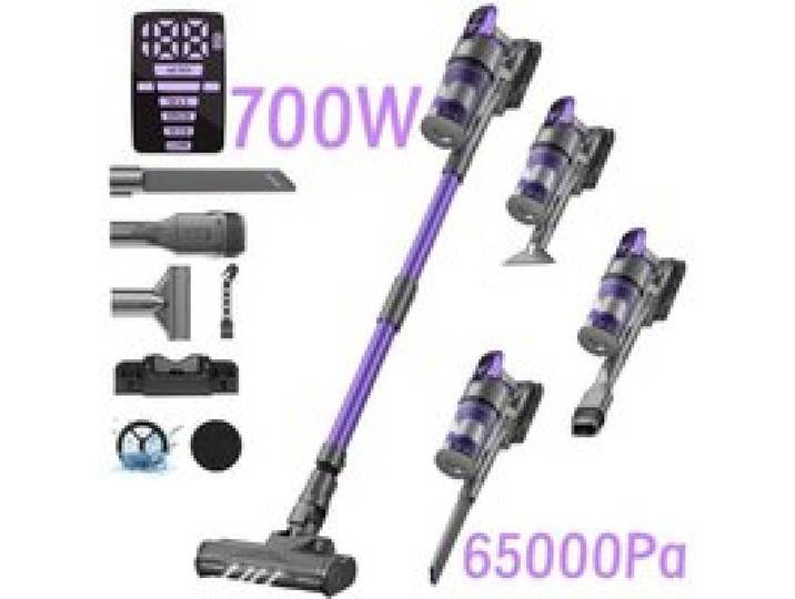 Aspirateur Balai sans Fil 65000Pa aspiration pliable 90-180°，7 étapes filtration HEPA 8 accessoires idéal pour ASPIRATEUR BALAI
