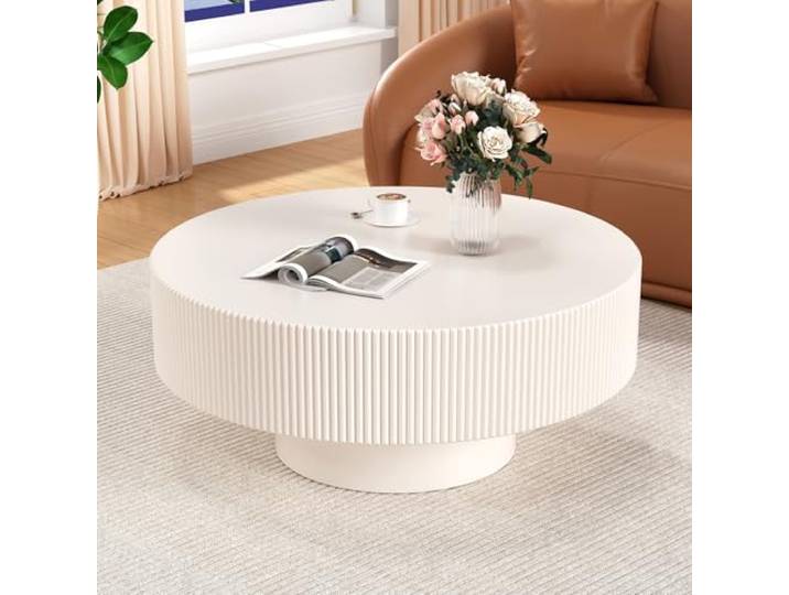 JHKZUDG Geriffelter Runder Couchtisch, 78 cm Moderner Holztisch Mit 17,3 Cm Dicker Tischplatte, Trommelförmiger Mitteltisch Mit Stabilem Gestell Für Wohnzimmer Und Empfangsraum