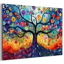 METALLBILD Kunst - Baum des Lebens - Blumen - Hippie Wandbild 60x40 cm
