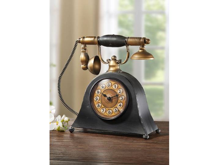 Tischuhr Telefon aus Metall, Gold-Schwarz