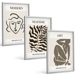 BILDER SET 3er Set - 40x60 cm Silberner Rahmen - Stilvolle Grafiken, Linien, Zeichen