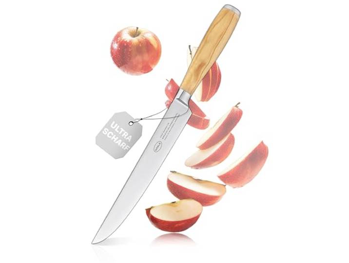 RÖSLE Fleischmesser Artesano 20 cm - Hochwertiges Küchenmesser zum Schneiden von Fleisch und Tranchieren von Braten, scharfes Schneidemesser mit ergonomischem Griff aus Olivenholz, braun/silbern