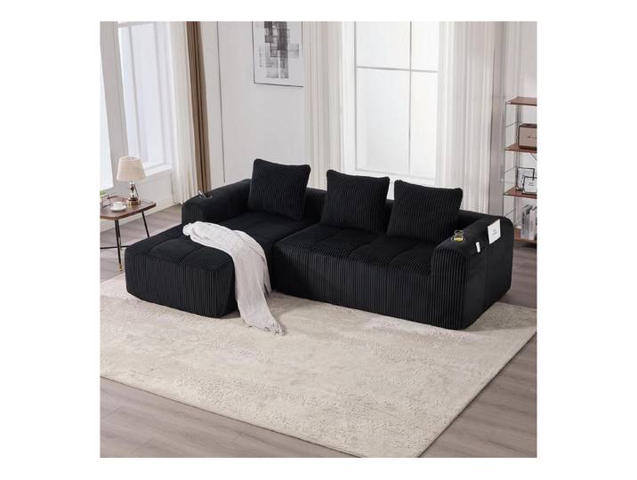 LuxusKollektion Ecksofa Sofa Ecksofa 3 Sitzer Cord 3 Kissen Schlaffunktion Schwarz