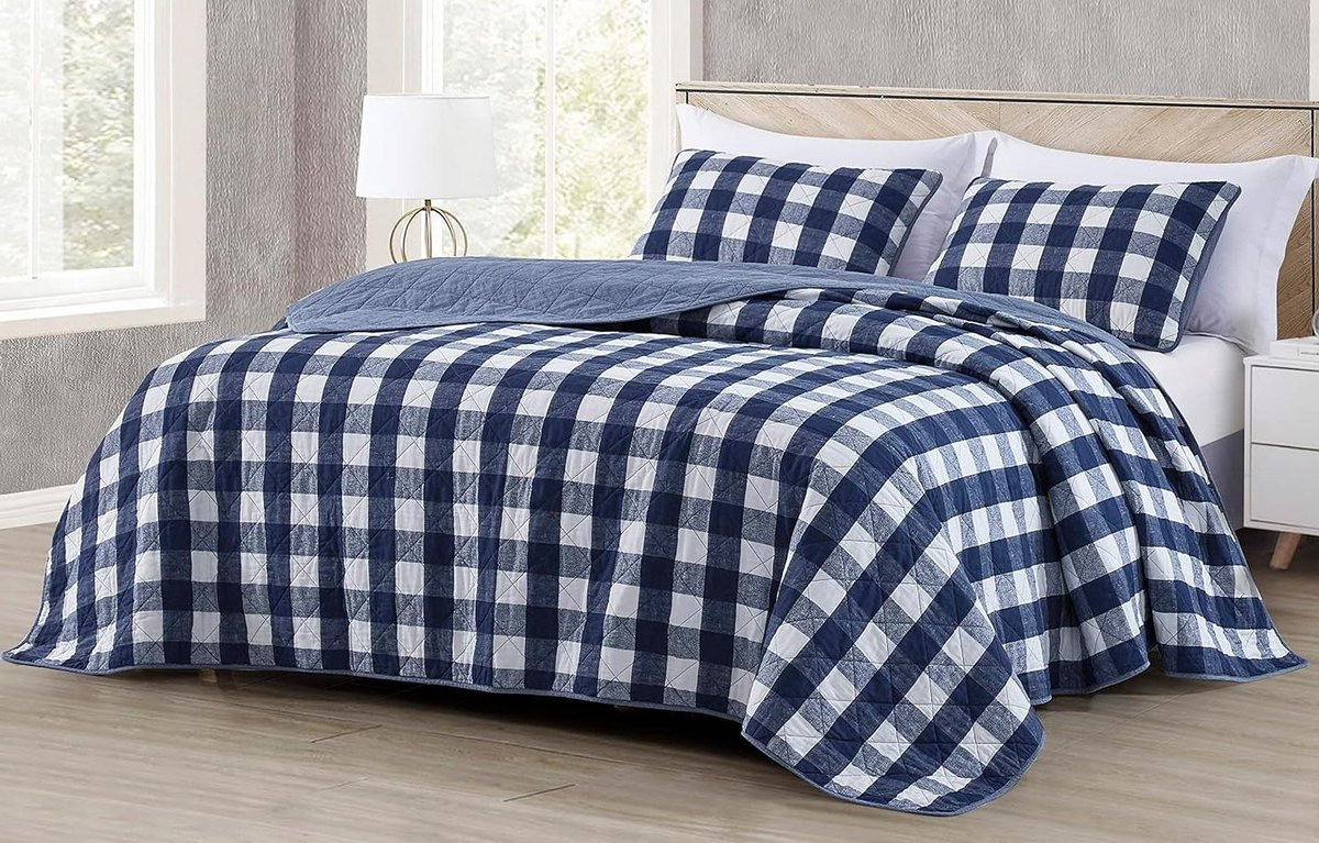 Geruite Kingsize Quiltset - Patchwork Deken in Blauw Wit - Omkeerbaar Design