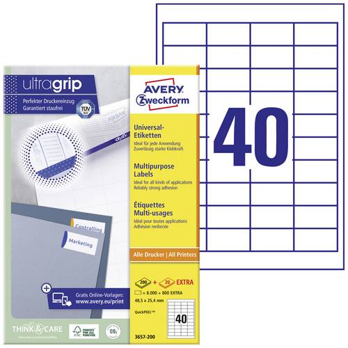 Avery-Zweckform 3657 Universal-Etiketten 48.5 x 25.4 mm Papier Weiß 4000 St. Permanent haftend Tintenstrahldrucker, Laserdrucker, Farblaserdrucker