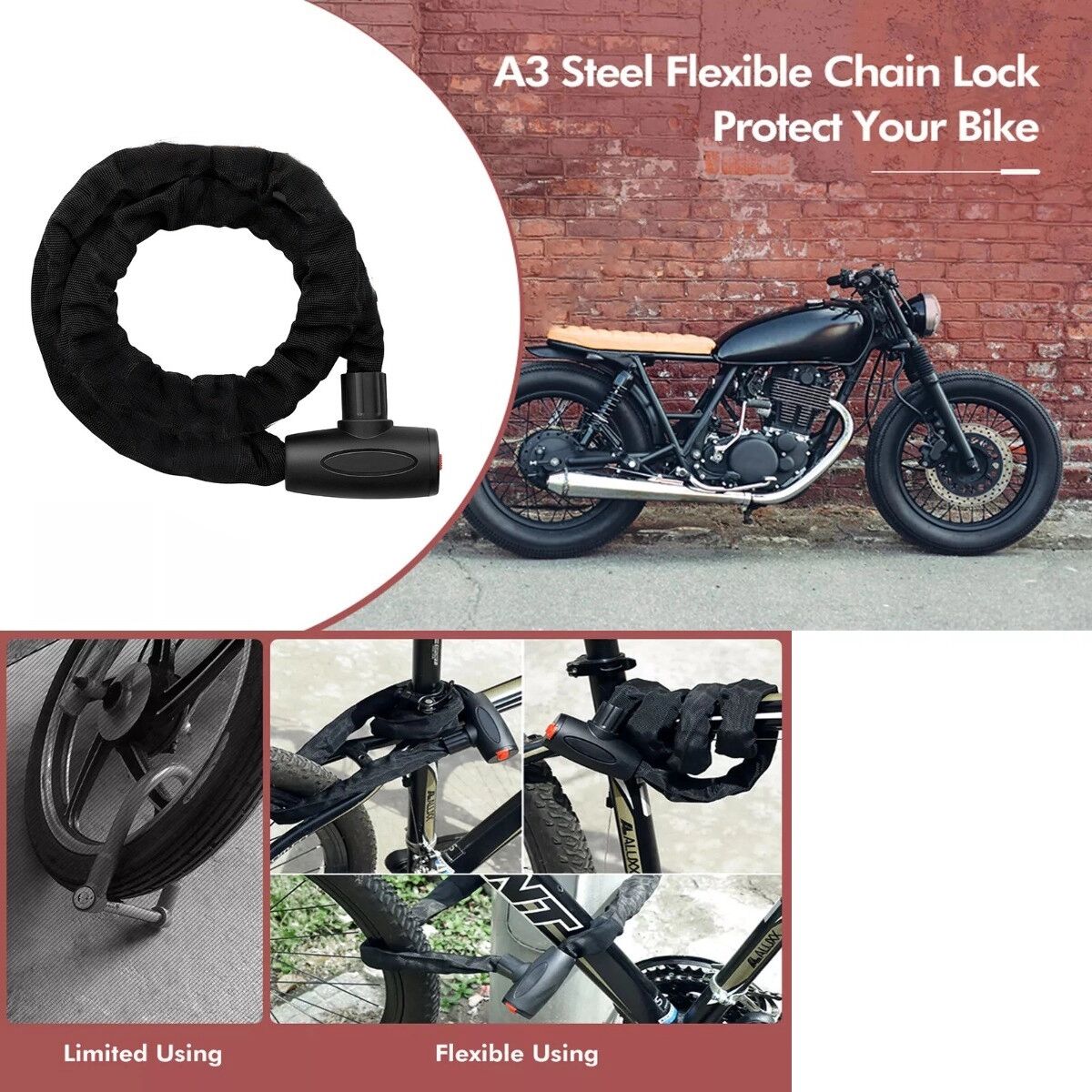 INF Cadenas porte-clés avec chaîne en acier spéciale - Cadenas à clé ABS Nylon pour trottinette, vélo et e-bike