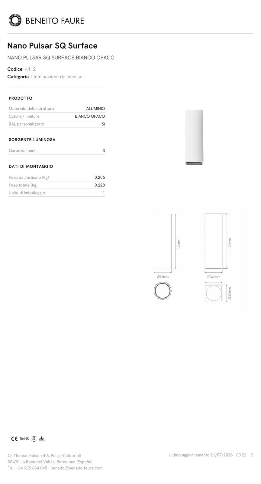 Beneito & Faure Nano Pulsar SQ oppervlakte-inbouwspot, wit mat, 3,5-Watt LED, 30° stralingshoek, instelbare kleurtemperatuur, vierkant design