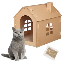 Relaxdays Katzenhaus Pappe mit Kratzbrett Hellbraun