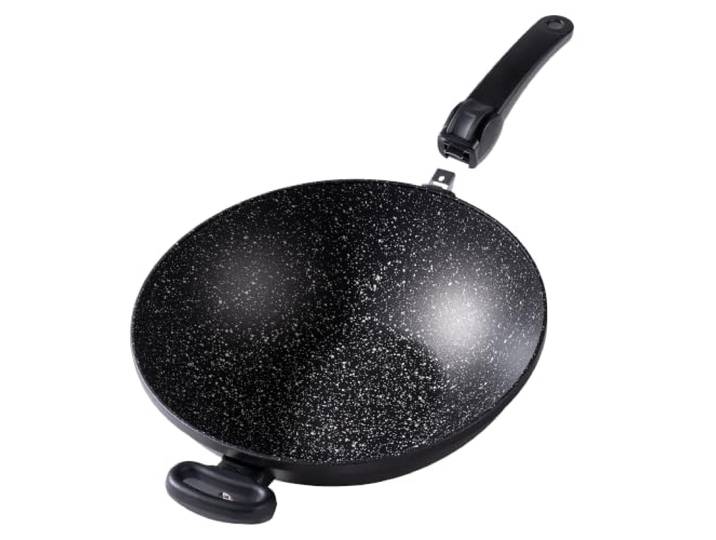 STONELINE Wok Made in Germany 32cm, mit abnehmbaren Griff, Aluguss, Wok Pfanne beschichtet mit echten Steinpartikeln, grau, großer Wok Induktion