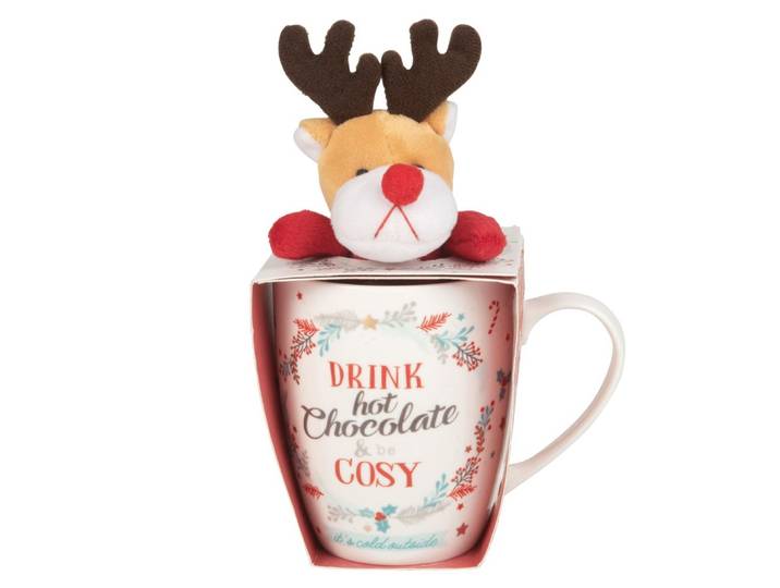 Set mit Kaffeebecher aus Porzellan und Hirsch-Kuscheltier
