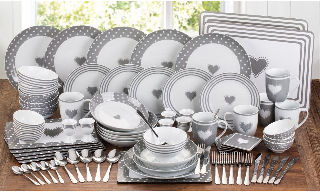 Waterside Grey Heart Porcelain 80 Piece Combo Dinner Set White;Gray 80