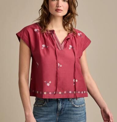 Lucky Brand Embroidered Swing Blouse - Women's Clothing Blouses Tops Dress Shirts in Burgundy, Size 2XL