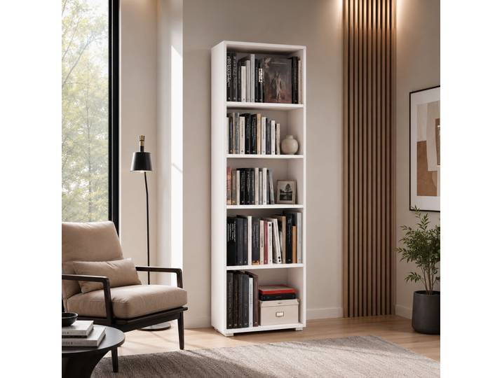The White Stone Bibliothèque Haute Blanche 5 Étagères Réglables Gain De Place - Meuble Bibliothèque Verticale - Rangement Livres Documents - 60x30x195 Cm
