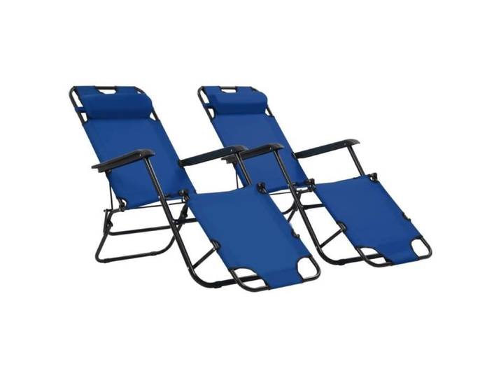 2 Chaises longues pliables-Transat Jardin pliant extérieur Camping avec repose-pied Acier Bleu