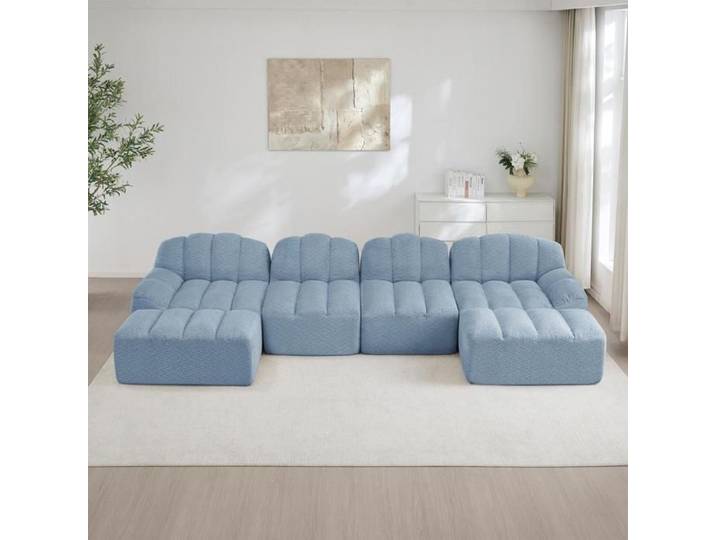 Canapé - KOMHTOM - Modulable U - 4 places - 2 ottomans - Bleu