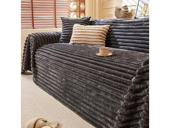 Flauschiges, warmes Flanell-Sofahandtuch mit Streifen Einfarbige Mehrzweck-Sofa-Freizeit-Nickerchen-Decke for Wohnzimmer-Couch-Abdeckung(Dark Grey,180x380cm)