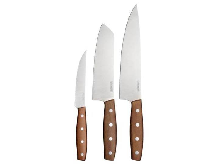 Fiskars Folken Set de Couteaux\, 3 Pièces\, Couteau de Chef Couteau Santoku et Couteau à Légumes\, Lames en Acier Inoxydable Allemand\, Manches en Bois d'Érable Certifié FSC\, 1075689