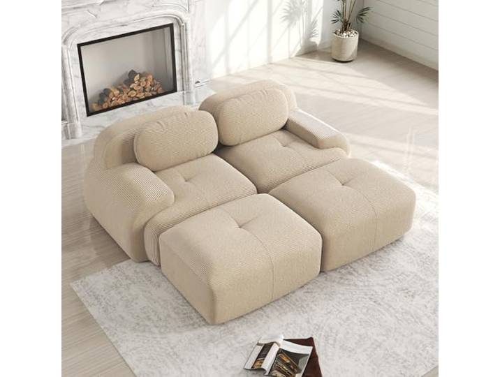 Ball & Cast Cord Sofa, Boneless Couch mit Ottomane, Ohne Montage, Sofa Modular mit Polsterung für Wohnzimmer, Schlafzimmer, Beige, 2 Sitze + 2 Ottomane