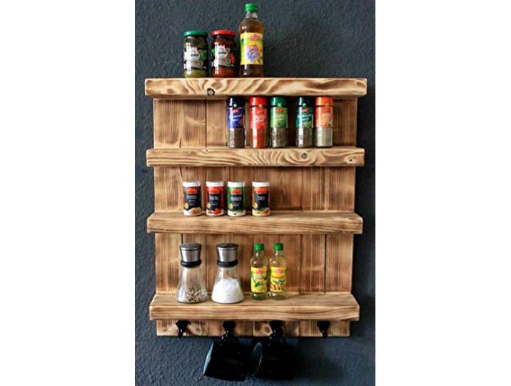 Dekorie Gewürzregal aus Holz für die Wand - Geflammt - 4 Stellflächen - 65 x 50 x 12 cm - Massivholz