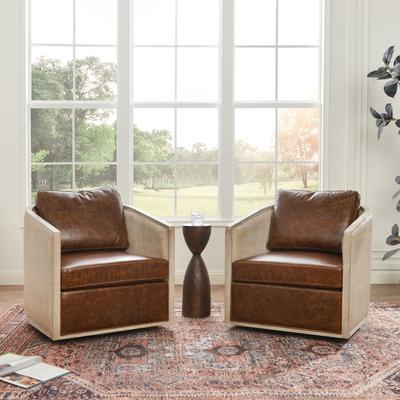 KINWELL Oak Frame Upholstered Swivel Barrel Armchair