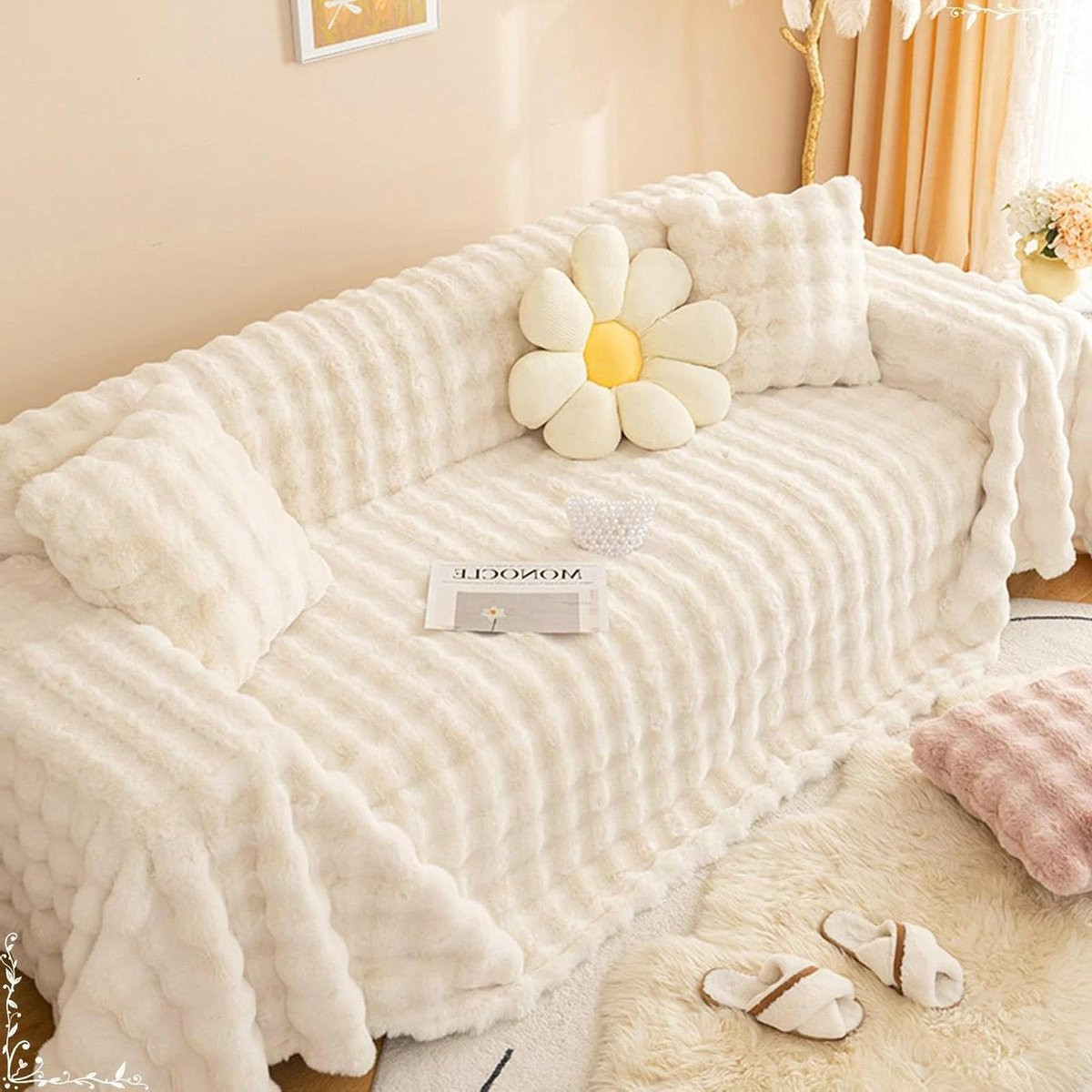 Bankhoes Bankdeken Sofa Cover Melkwit - Antislip Flanel - 180 x 420 cm