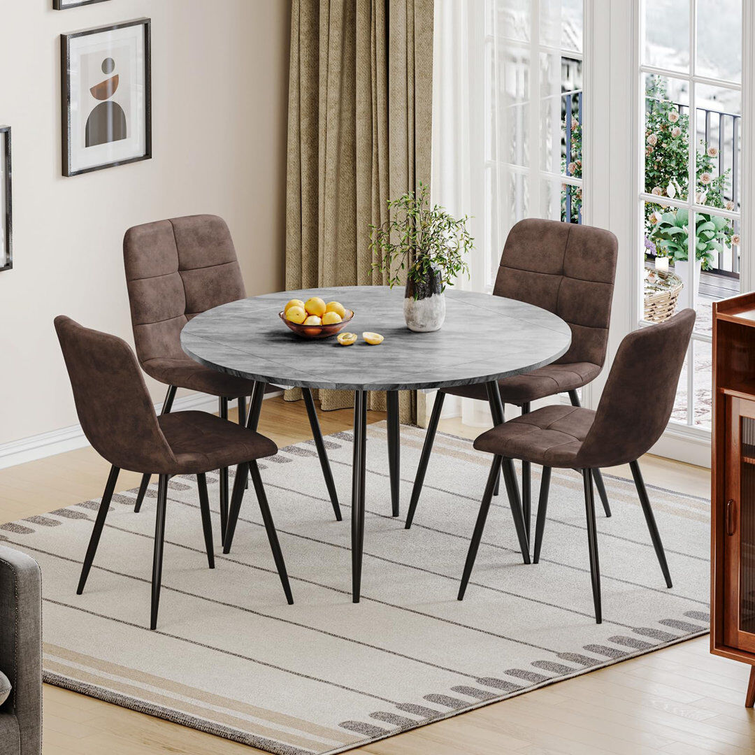 George Oliver Dining Table And Chairs Set Of 4, Extendable Round Marble Effect Folding Table With Upholstered Tech Fabric Chairs For Dining Room,Kitchen Black/Grey 4