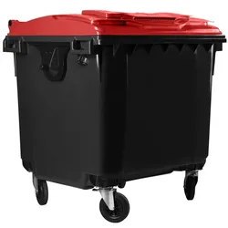 Hardwex Müllcontainer 1100 l Schwarz mit rotem Flachdeckel, Deckel im Deckel