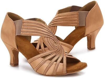LightInthebox Women's Latin Dance Shoes Nude Satin Open Toe Crisscross Strappy Low Heel Ballroom Shoes for Salsa Rumba Cha Cha Practice, Social Dance Performance