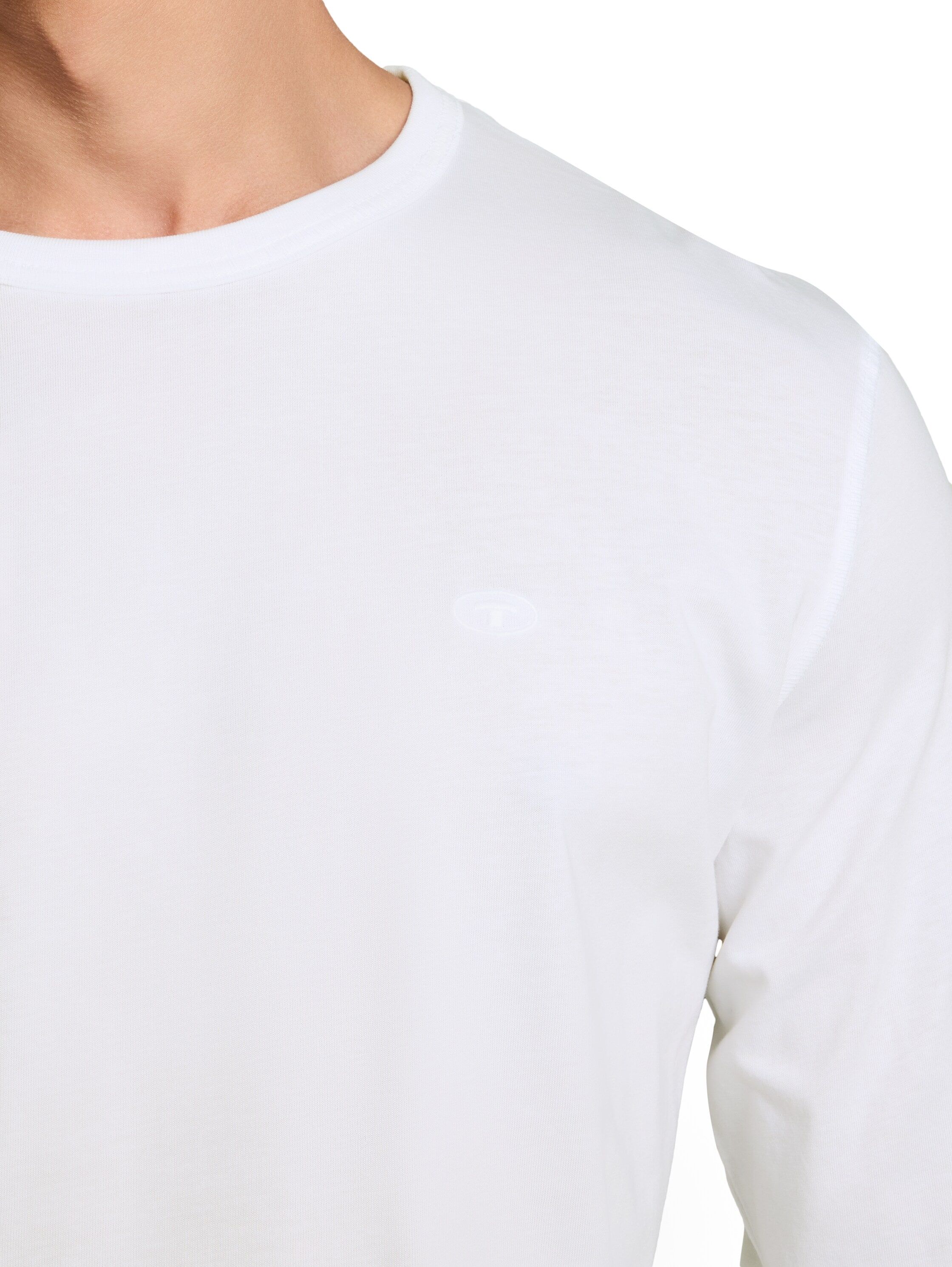 Langarmshirt TOM TAILOR, Herren, Gr. M, weiss (weiß), Single Jersey, Obermaterial: 100% Baumwolle, regular fit taillenbedeckt, Rundhals, Bündchen, Shirts Langarmshirt, mit Logo Stickerei weiß M