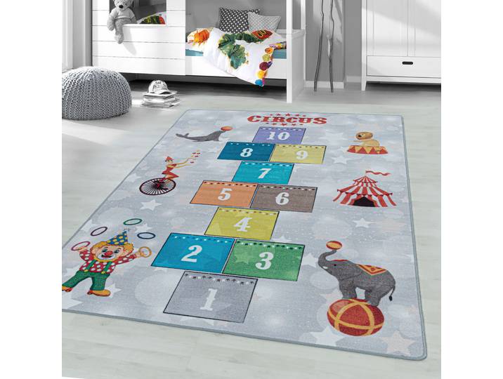 Kinderteppich AYYILDIZ TEPPICHE PLAY 2909 , grau, B:80cm H:6mm L:120cm, Polyamid, Teppiche, Kinderteppich, Kurzflor, Zirkus, Clown, Zahlen Spiele Hüpf Teppich, Kinderzimmer