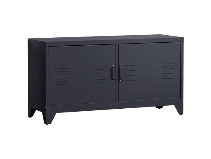 Meuble TV banc télévision design industriel 2 placards avec 2 étagères réglables passe-câbles structure acier noir