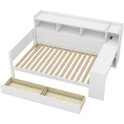 MODFU Tagesbett Spanplatte Weiß 90x200 cm mit Schreibtisch, 2 Schubladen, USB-Anschluss und Steckdose