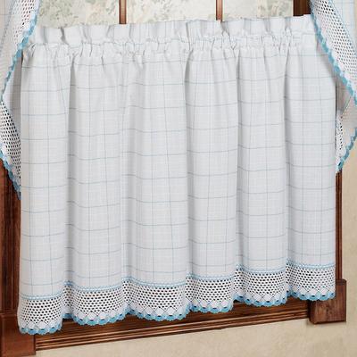 Sweet Home Collection Cotton Classic White Blue Window Pane Pattern and Crotchet Trim Tiers Swags and Valance Options