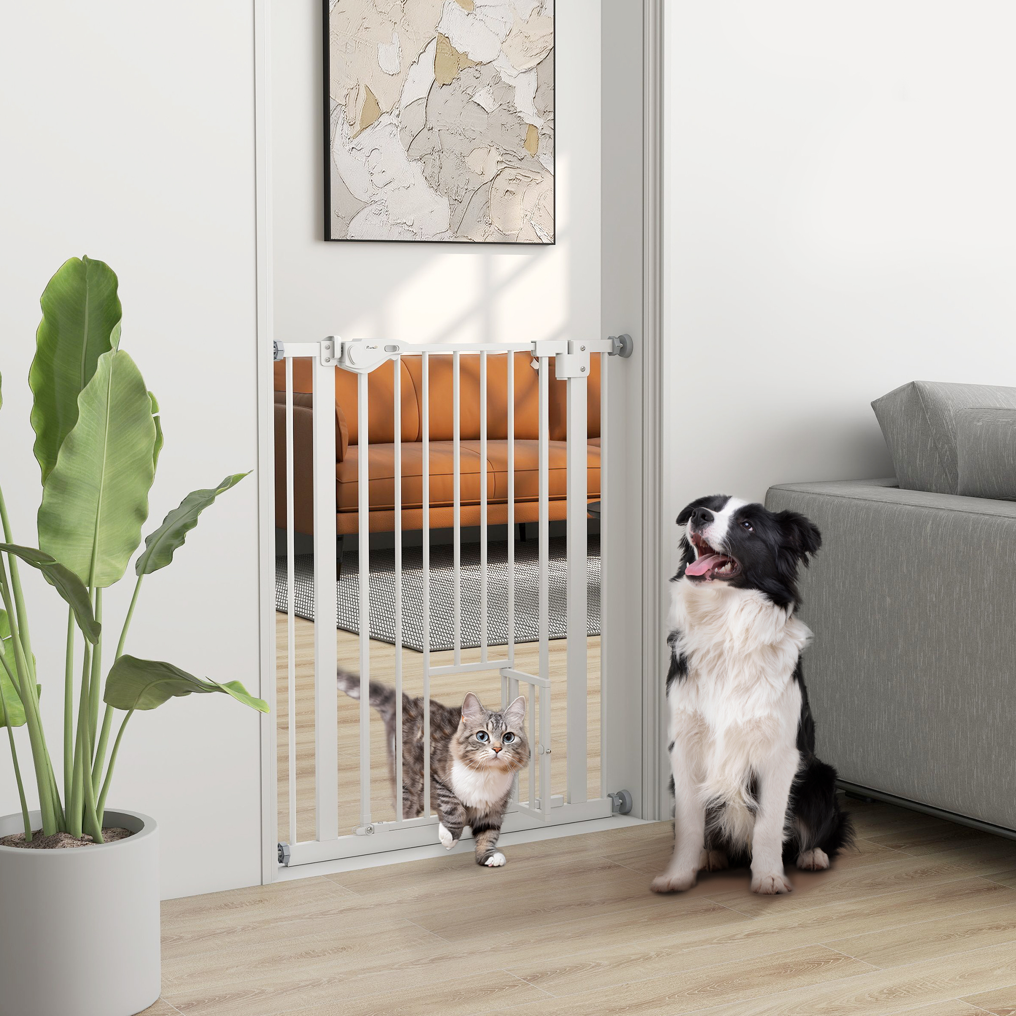 Pawhut Cancelletto per Cani con Porta Piccola, Montaggio a Pressione e Chiusura Automatica, 74-80x91.4cm, Bianco