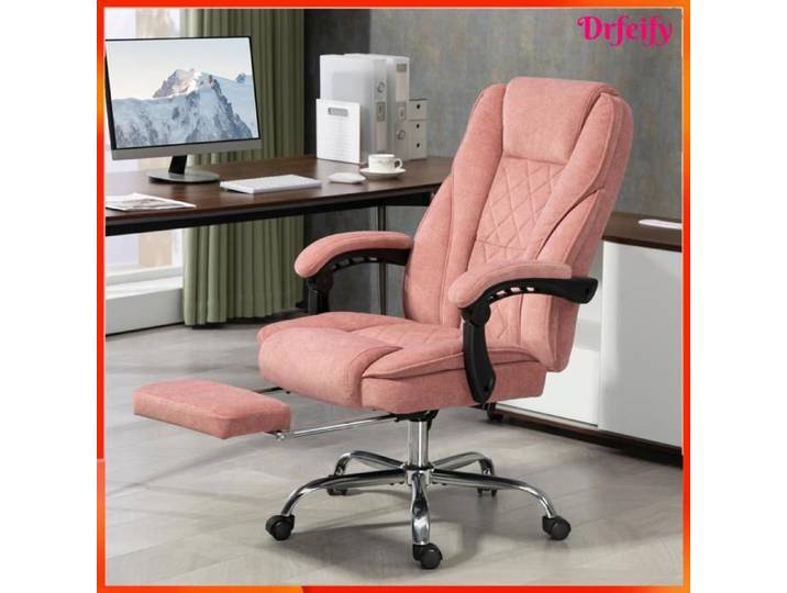 Fauteuil de bureau - AKOZON - 11560 - Massant et chauffant - Tissu rose - Repose-pieds rétractable
