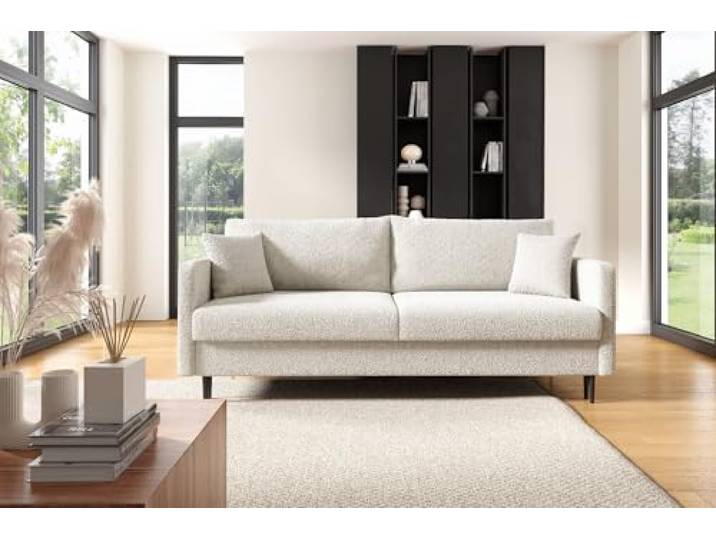 LIKMA 3 Sitzer Sofa Mara 209 cm mit Schlaffunktion und Bettzeugbehälter, Bouclé Schlafsofa mit Bettkasten, Moderne Couch, Sofagarnituren, Bettsofa Farbe: Creme, Stoff: Lambi 8
