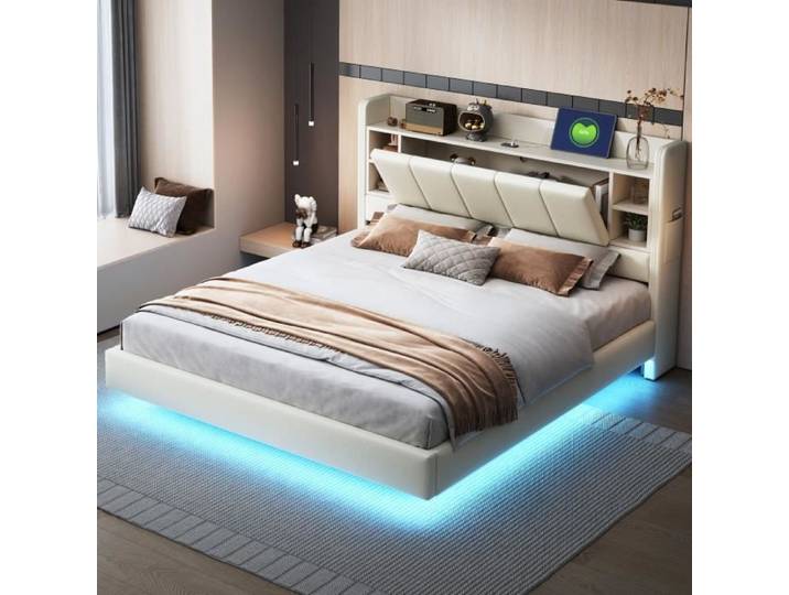 Lit flottant LED - Beige - 160x200cm - Tête de lit réversible - Rangement intégré - 2 places