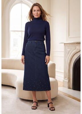 Plus Size Women's Classic Cotton Denim Midi Skirt by Jessica London in Indigo Placed Rhinestones (Size 34) 100% Cotton
