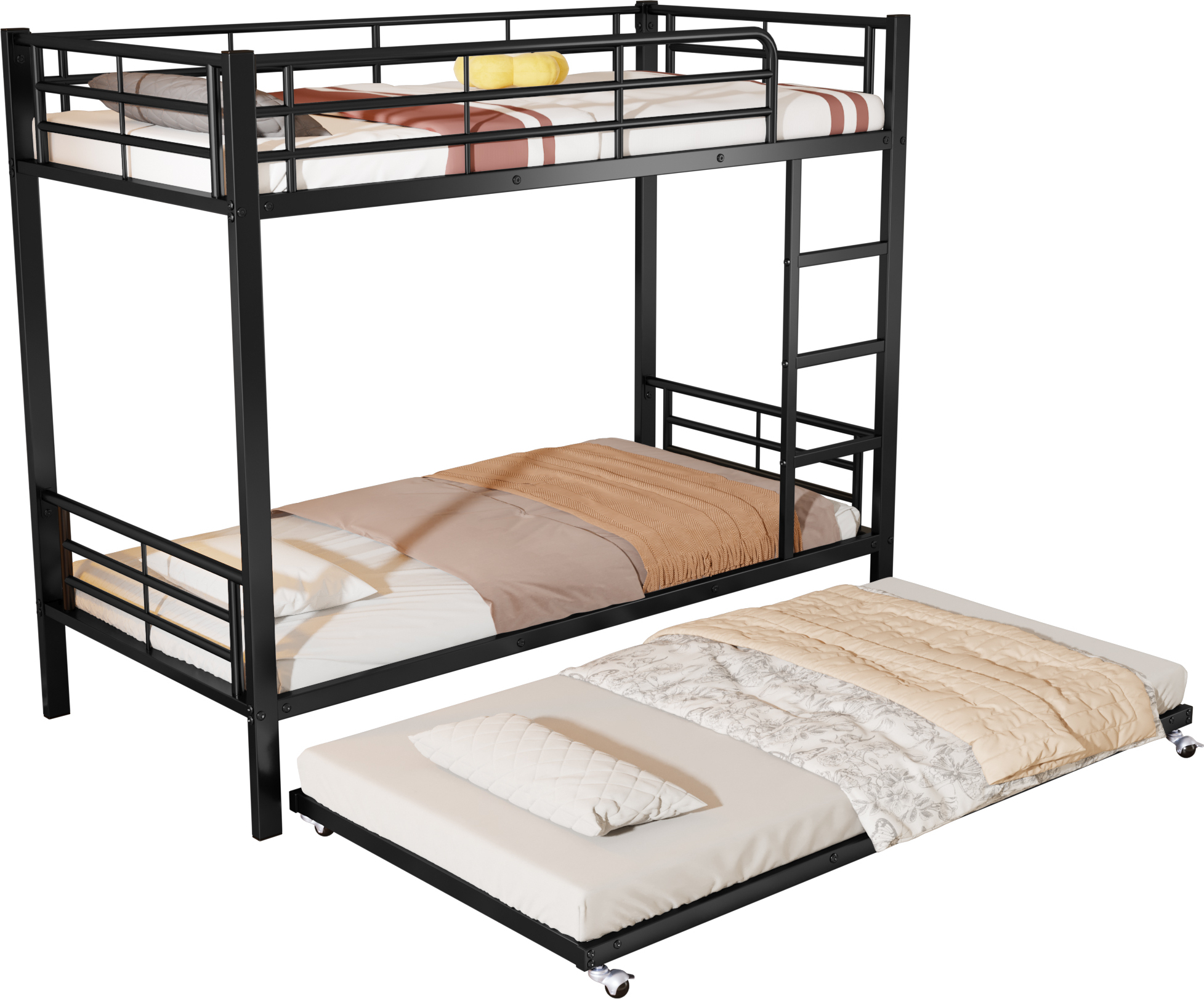 Eisenbett, Etagenbett, Geeignet für Kinder und Jugendliche, mit Ausziehbett, vier Seitengitter am oberen Bett, Eisen, 90x200cm&90x190cm,