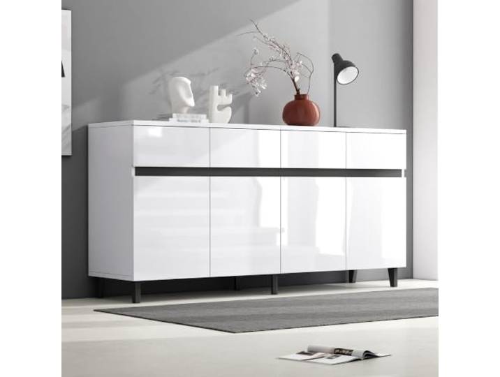 RAPRAP Weiß Hochglanz Sideboard mit 4 Schubladen + 2 Türen, 160cm Sideboard Wohnzimmer mit verstellbaren Regalböden, schwarzen Beinen – vielseitig als TV-Schrank oder Flurkommode