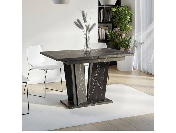 DORA2 Esstisch ausziehbar 120-160x80 cm Schwarz Marmoroptik, Säulentisch Ausziehbarer Esszimmertisch 120 bis 160 cm für 4–6 Personen, V-Säulengestell, schwarzer Marmoroptik und schwarzem Gestell