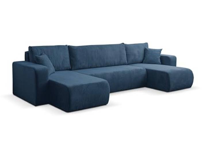 VENASI MÖBEL Wohnlandschaft mit Schlaffunktion Luna U, Blau Cordstoff Sofa mit Bettkasten, Schlaffläche 125 × 268 cm, inkl. Kissen & Aufbauanleitung