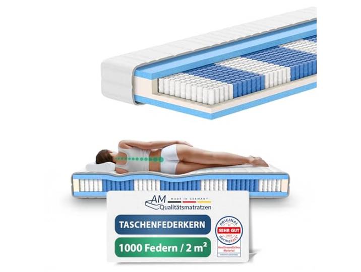 AM Qualitätsmatratzen 1000 Federn Taschenfederkernmatratze 150x200cm H3 24cm - Made in Germany & Oeko TEX Siegel - Federkernmatratze 150x200 mit Lyocell Bezug - 7 Zonen Matratze 150x200 H3